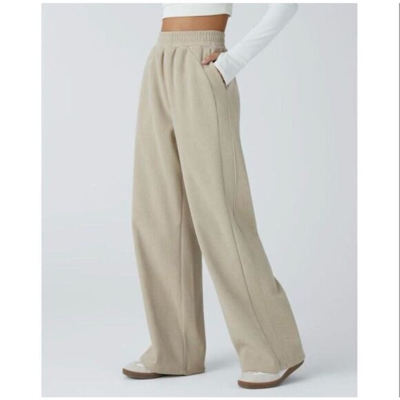 Halara Beige Corduroy Wide Leg Pull On Pants With Pockets Size XS - Picture 1 of 6